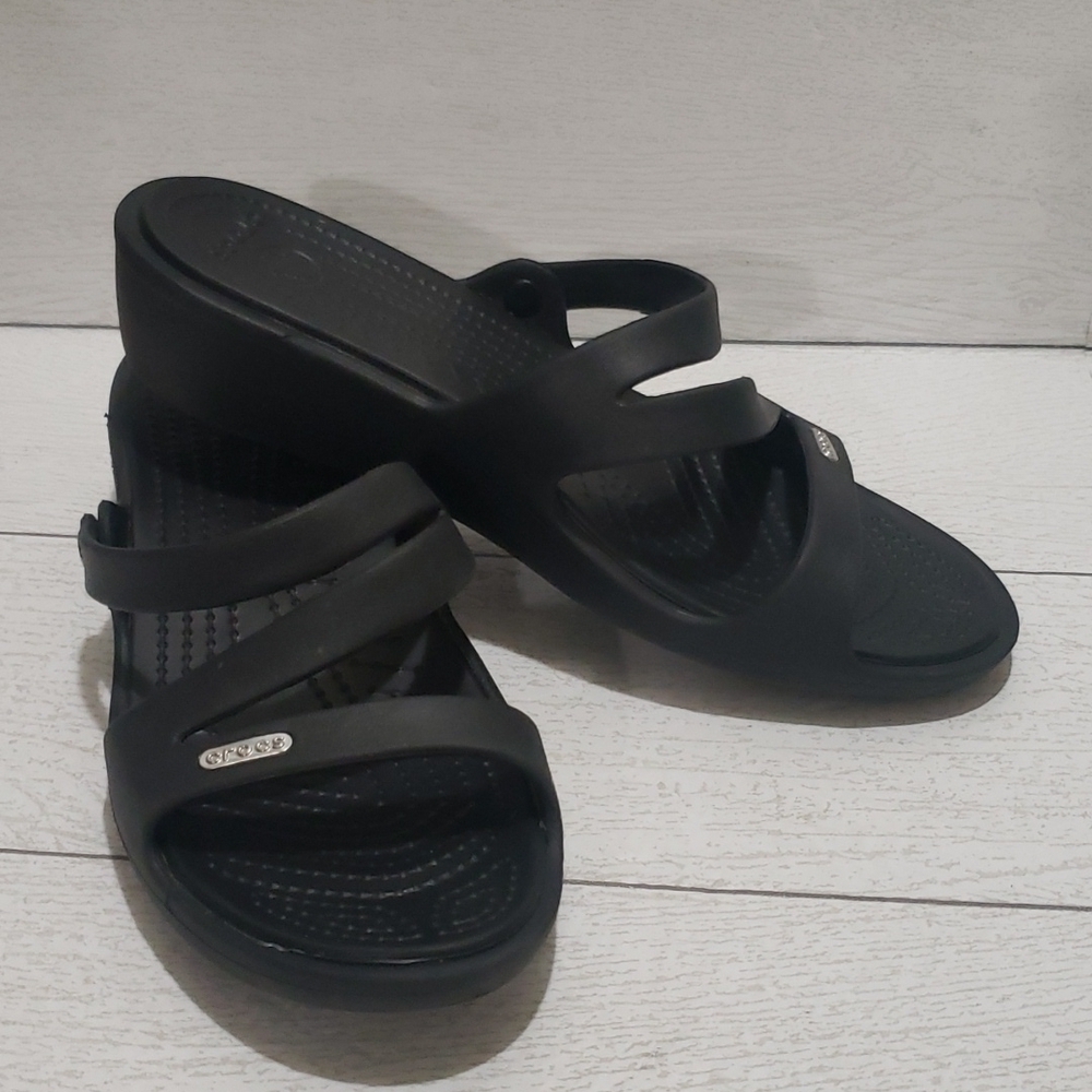 Crocs black open toe wedges slide woman sandals Size 10